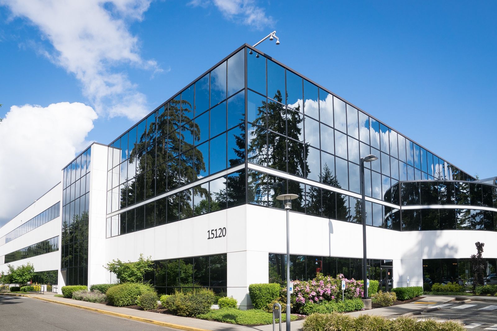 Modern corporate office building with glass facade